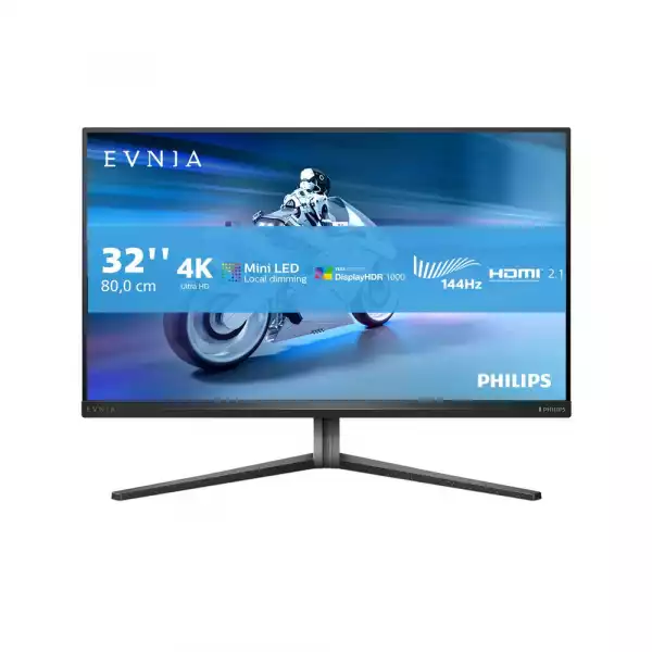Монитор Philips 32M2N6800M/00, 31.5", Evnia gaming, IPS Mini LED panel, 16:9, AG, 4K UHD 3840x2160, 700cd/m2, 1000:1, 1ms, 144Hz, HDR 1000, Adaptive sync, Low input Lag, sRGB, DCI-P3, Flicker-free, 2x HDMI, DisplayPort, 3x USB, Audio out, HAS, Swivel, Tilt, VESA 100, Black