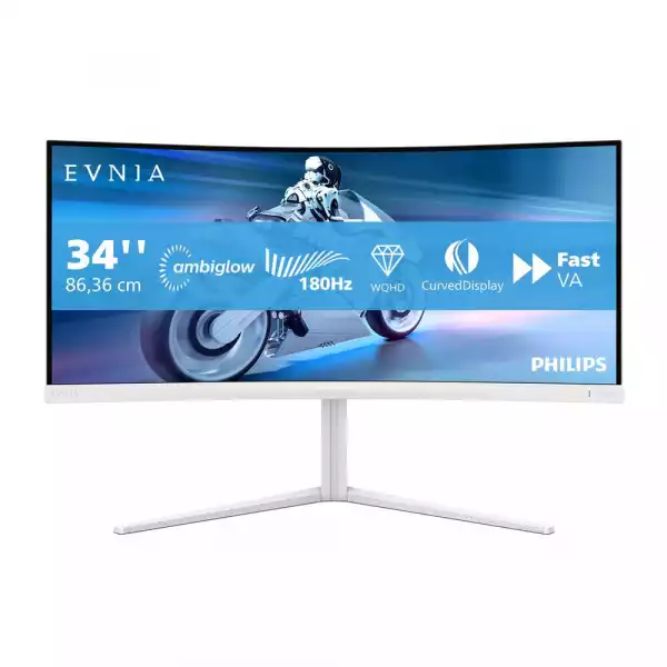 Монитор Philips 34M2C5501A/00, 34", Evnia curved gaming monitor, VA panel, 1500R, 21:9, WQHD 3440x1440, 300cd/m2, 4000:1, 180Hz, 0.5ms, HDR 400, AMD FreeSync, Flicker-free, Low Input Lag, 2x HDMI, DP, 3x USB, Audio out, Speakers, Ambiglow, HAS, Swivel, Tilt, VESA 100, White