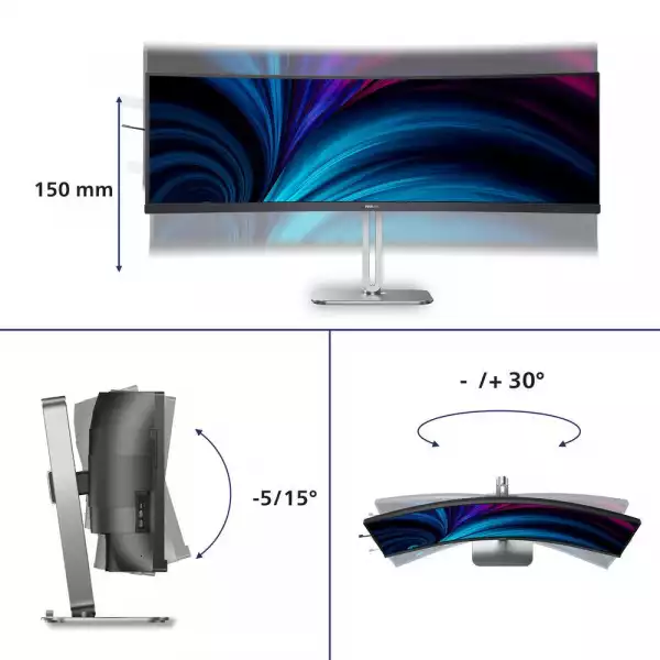 Монитор Philips 49B2U5900C/00, 48.8", Curved monitor, 1800R, VA panel, 32:9, AG, DQHD 5120x1440, 450cd/m2, 3000:1, 75Hz, 4ms, HDR 400, PiP, PbP, KVM, SmartImage, 2x HDMI, DP, USB-C, LAN, 2x USB, HBR3, Audio out, Speakers, HAS, Swivel, Tilt, VESA 100, Black/Grey