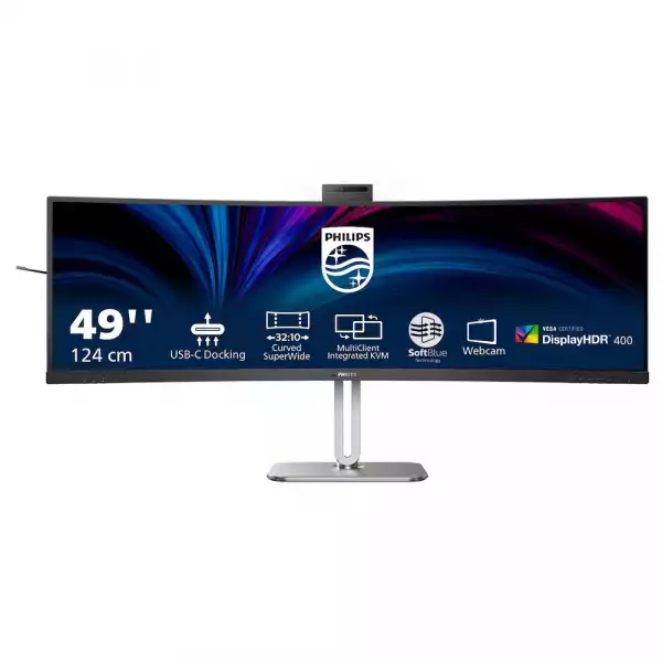Монитор Philips 49B2U6900CH/00, 48.8", Curved monitor, VA W-LED panel, 32:9, AG, DQHD 5120x1440, 450cd/m2, 3000:1, 80M:1, 75Hz, 4ms, HDR 400, sRGB, Flicker- free, Low Blue Mode, 2x HDMI, DP, 2x USB-C, HBR3, 4x USB, LAN, Speakers, Web Cam, HAS, Swivel, Tilt, VESA 100, Black