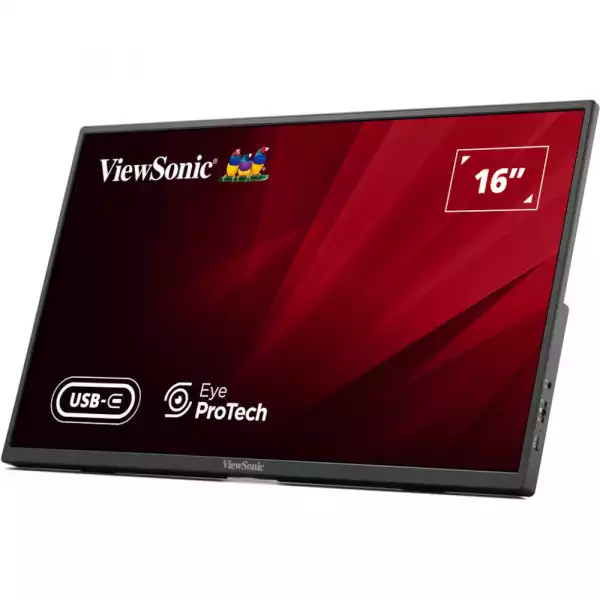 Монитор ViewSonic VA1650, 16" Lightweight portable monitor, IPS panel, FHD 1920x1080, AG, 250cd/m2, 1000:1, 60Hz, 7ms, HDMI, USB-C, Audio out, 65W PD, Speakers, Tilt, VESA 75, Black