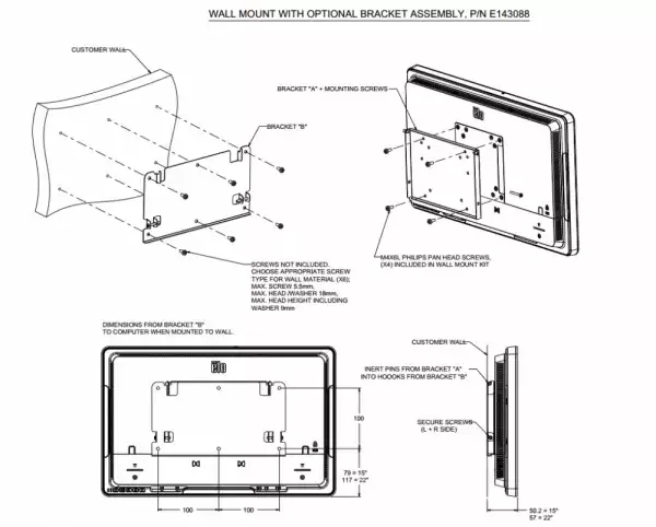 Стойка за стена Elo E143088 KIT,WALL MOUNT, ESYxx EX-Series за Тъч Компютри Elo серия E, X, I Wall mount for E-/I-/X-Series Intel/Windows based all-in-one touch computers
