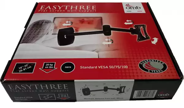 Стойка за стена OMB EASYTHREE, 10"- 32", Max 20kg, Min VESA 50, Max VESA 200x100, Distance from wall - from 80mm to 430mm, 90° left/right turn, 320° rotation(arm), 95° rotation left/right, 20° down/ 20° up tilt, Easy Hanging System, Easy Tilt, Черна, product code: 06078