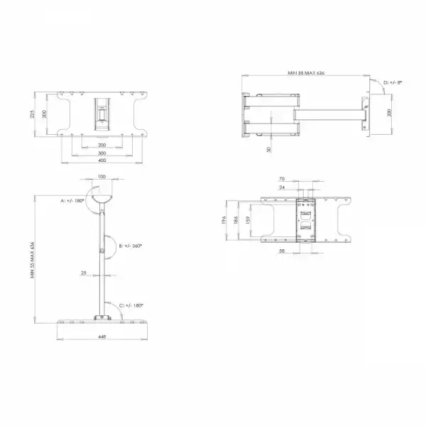 Стойка за стена OMB OLED 3 , 37-55 inch, Max 25kg, Min 200x200, Max 400x200, Full Rotation, Full Tilt, Min Distance from Wall: 55 mm, Max Distance from Wall: 636 mm Aligning System, Easy Tilt, Hidden Cables, Easy Hanging System, Black, product code: 06205