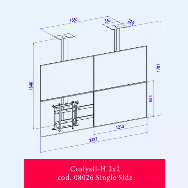 Стойка за видеостена монтаж на таван OMB CEALY ALL 2x2 Single 46-47-49-55 inch, Max 40kg per display, Min 150x150, Max 400x400, Hidden Cables, Easy Hanging System, Black, product code: 08026