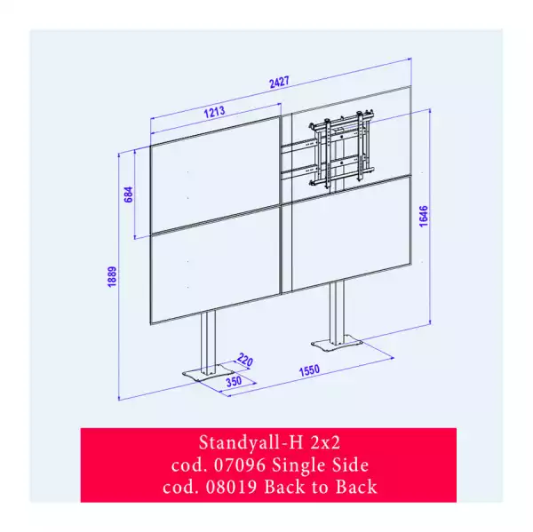 Стойка за видеостена OMB 08019 STANDY ALL H 2x2 BACK TO BACK, for 46”, 47”, 49”, 55” displays, Iron and fix at floor, Max weight 40kg per display, VESA Min 100x100 and Max 400x400, Easy hanging, Hidden cables, Black