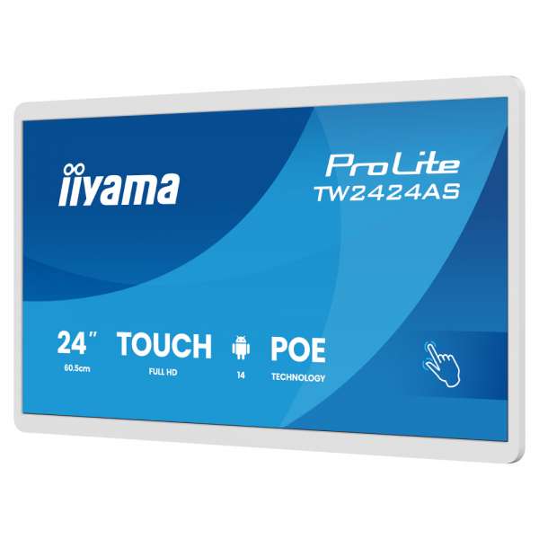 Тъч Компютър IIYAMA TW2424AS-W3P, 23.8 inch, IPS panel, FHD 1920x1080, 450cd/m2, 1000:1, 14ms, InCell PCAP touch, HDMI, USB-C, 2x USB, LAN, PoE, Mic, Speakers, Android 14 with GMS, Octa Core, 4GB, 32GB, WiFi, BT, 24/7, 6H, Portrait, Face up, White