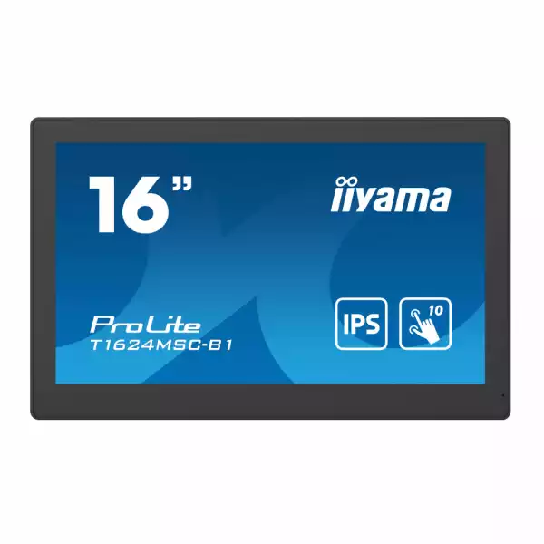 Тъч монитор IIYAMA T1624MSC-B1 15.6", IPS Panel, 1920 x 1080, 16:9, 450cd/m2, 800:1, 25ms, Projective Capacitive 10 points touch, Edge to edge glass, HDMI, 2x USB, Mini Jack, Media Player, SD card slot, OSD key lock, 24/7, Speakers, VESA, Black