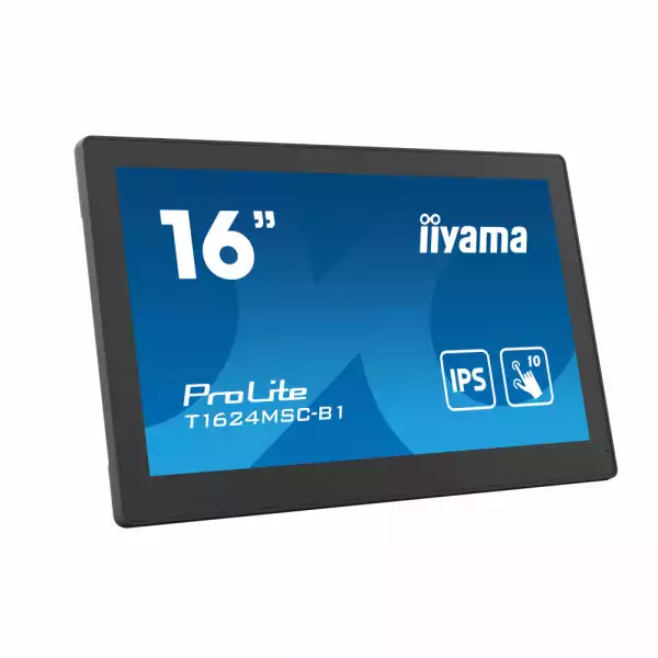 Тъч монитор IIYAMA T1624MSC-B1 15.6", IPS Panel, 1920 x 1080, 16:9, 450cd/m2, 800:1, 25ms, Projective Capacitive 10 points touch, Edge to edge glass, HDMI, 2x USB, Mini Jack, Media Player, SD card slot, OSD key lock, 24/7, Speakers, VESA, Black