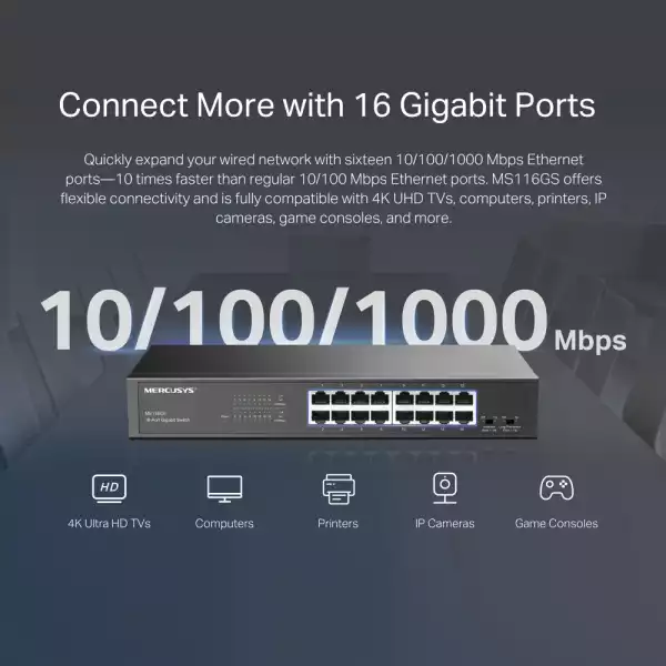 16-портов Gigabit Desktop/Rackmount комутатор Mercusys MS116GS 16-портов Gigabit Desktop/Rackmount комутатор Mercusys MS116GS