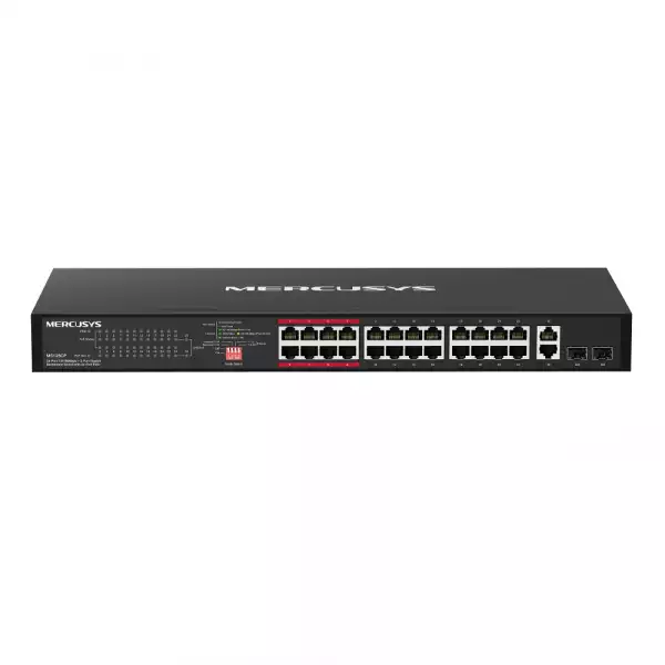 24-портов 10/100 Mbps + 2-портов Gigabit Rackmount комутатор с 24 PoE+ порта Mercusys MS126CP