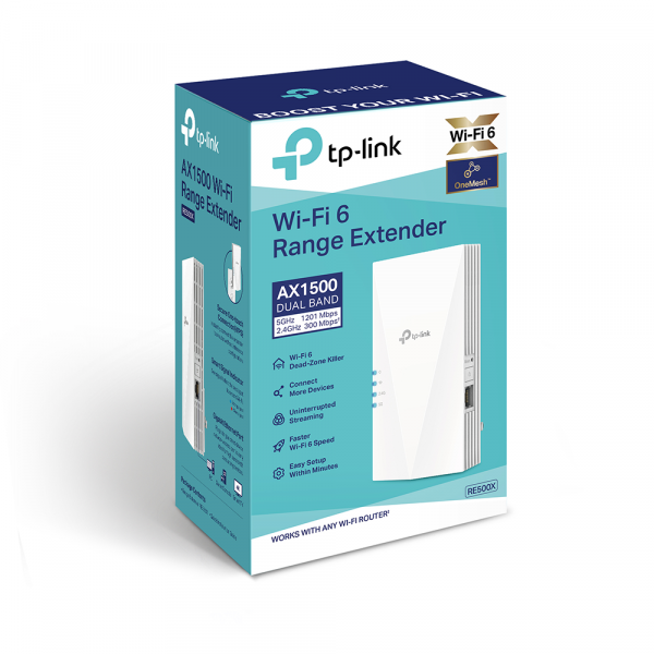 2-лентов OneMesh удължител на обхват TP-Link RE500X AX1500 2-лентов OneMesh удължител на обхват TP-Link RE500X AX1500