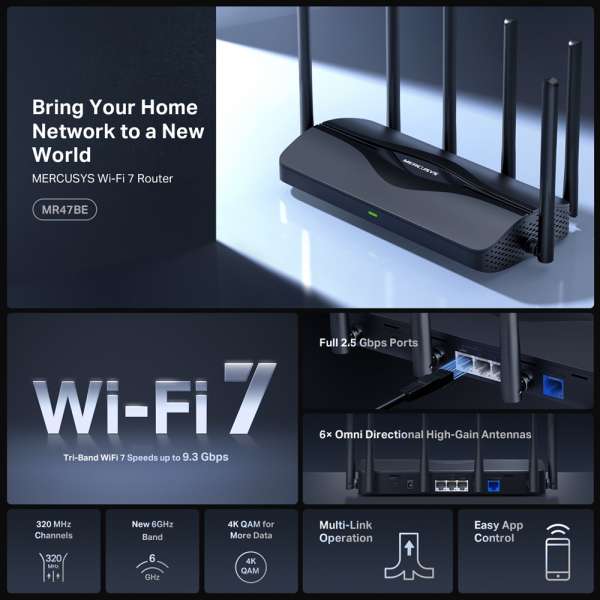 3-лентов Wi-Fi 7 рутер Mercusys MR47BE 3-лентов Wi-Fi 7 рутер Mercusys MR47BE