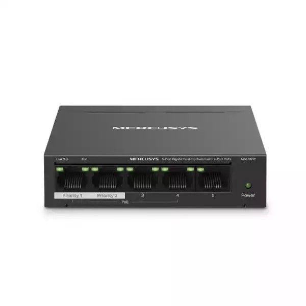 5-портов настолен комутатор Mercusys MS105GP със 4 PoE+ порта 5-портов настолен комутатор Mercusys MS105GP със 4 PoE+ порта