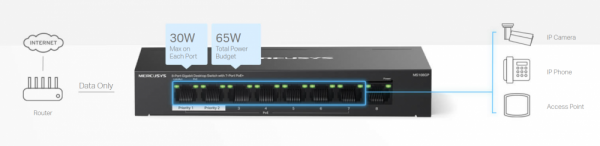 8-портов гигабитов комутатор Mercusys MS108GP със 7 PoE+ порта 8-портов гигабитов комутатор Mercusys MS108GP със 7 PoE+ порта