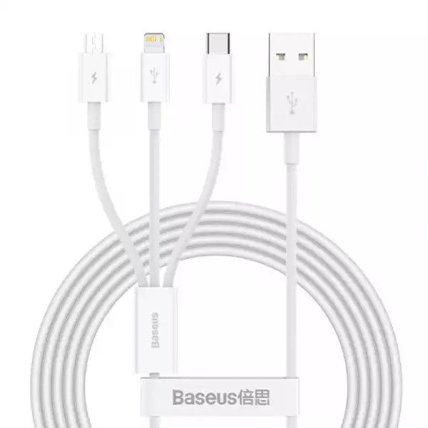 Кабел Baseus Superior 3 в 1 USB-А към Lightning, microUSB и USB-C, 1.5м, бял