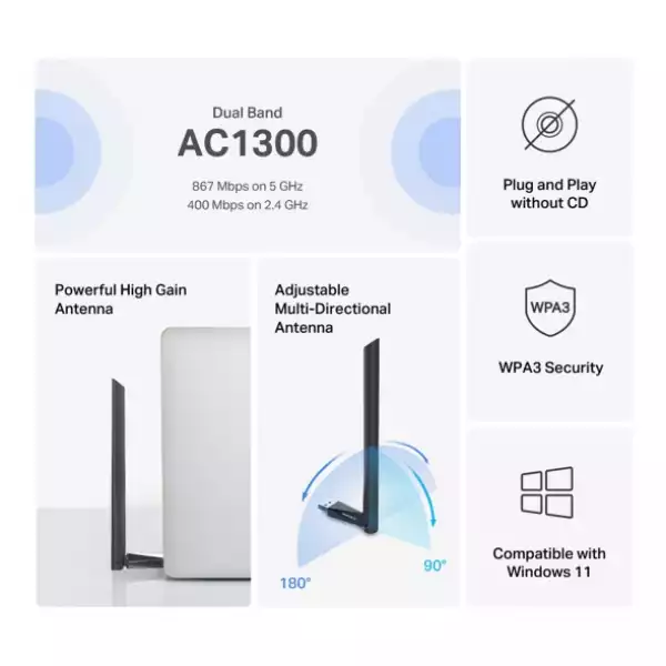 Безжичен USB 2-лентов адаптер Mercusys MA30H AC1300