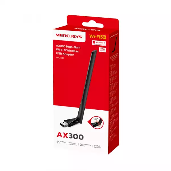 Безжичен USB адаптер с високо усилване Wi-Fi 6 Mercusys MA14H AX300 Безжичен USB адаптер с високо усилване Wi-Fi 6 Mercusys MA14H AX300