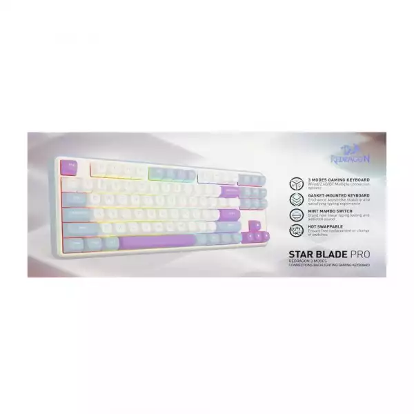 Геймърска Bluetooth и безжична механична клавиатура Redragon Star Blade Pro K707WBP-RGB-PRO - бяло/лилаво