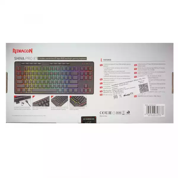 Геймърска клавиатура Redragon Shiva TKL Pro K516RGB-PRO с кабел и безжична Bluetooth, RGB осветление - черна