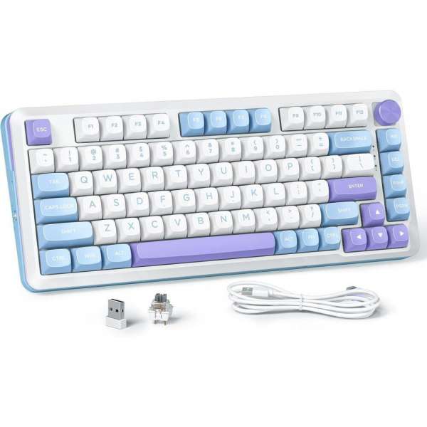 Геймърска механична клавиатура Redragon Cyrus Pro K681WBP-RGB-PRO с Bluetooth и безжична връзка, бяла с лилаво RGB осветление