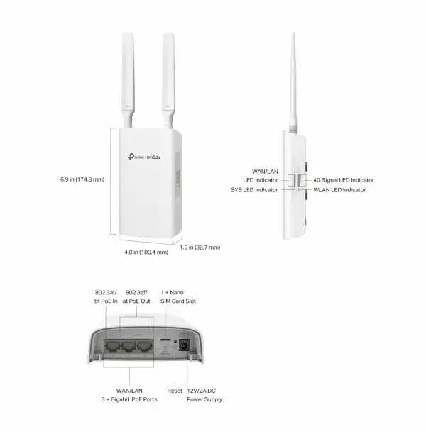 Гигабитен външен/вътрешен TP-Link Omada ER703WP-4G-Outdoor Gateway 4G+ Cat6 AX3000 Wi-Fi 6