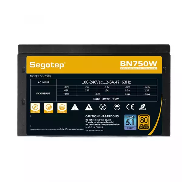 Захранващ блок Segotep BN750W V2 750W 80PLUS Bronze PCIE 5.1 - черен Захранващ блок Segotep BN750W V2 750W 80PLUS Bronze PCIE 5.1 - черен