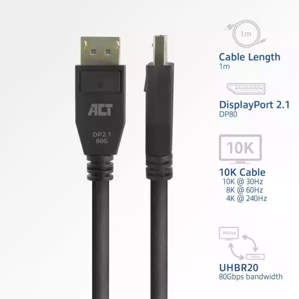 ACT Кабел Display port 2.1 мъжко-мъжко,8К@@60Hz,4k@@240Hz, 1м, черен