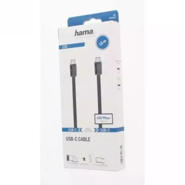 Кабел HAMA USB-C мъжко - USB-C мъжко,1.5 м,черен,3A,60W,480Mb/s