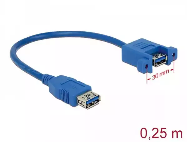 Кабел Delock,  За монтиране върху панел, USB-A женско - USB-А женско, 25см