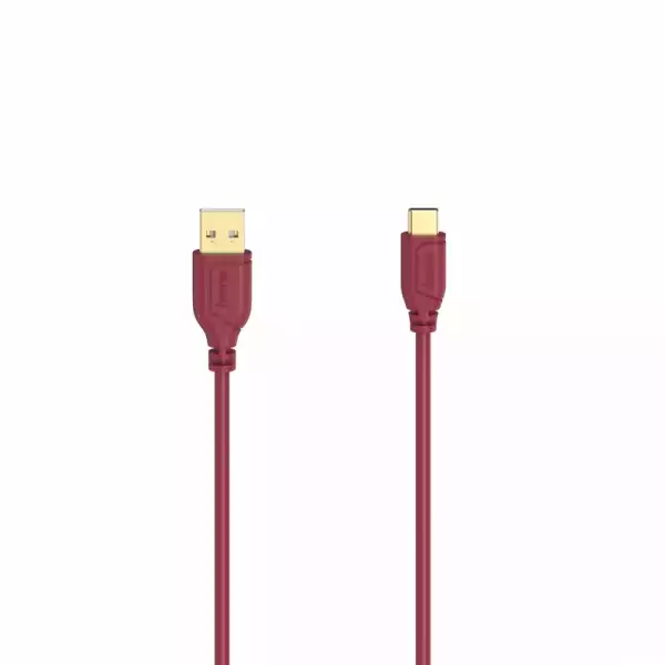 Кабел Hama Flexi-Slim USB-C - USB-A 2.0 мъжко, 0.75м,тънък, позлатен, червен