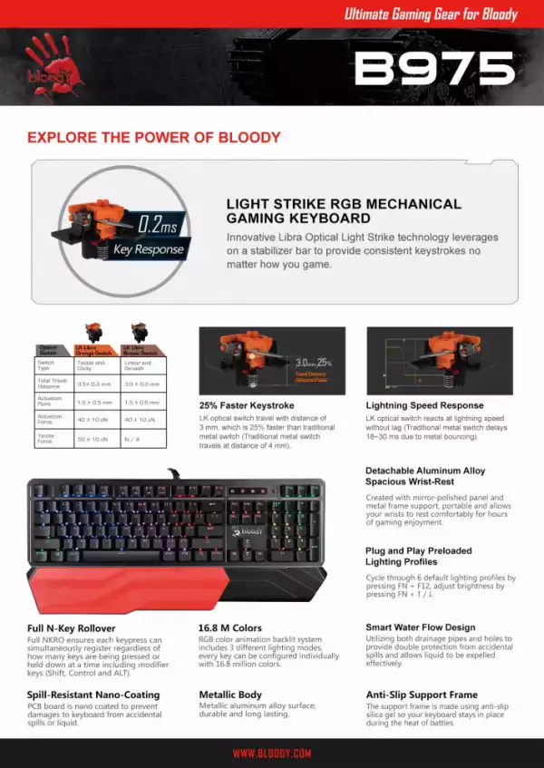 A4tech Bloody B975 Геймърска механична клавиатура, Brown switch