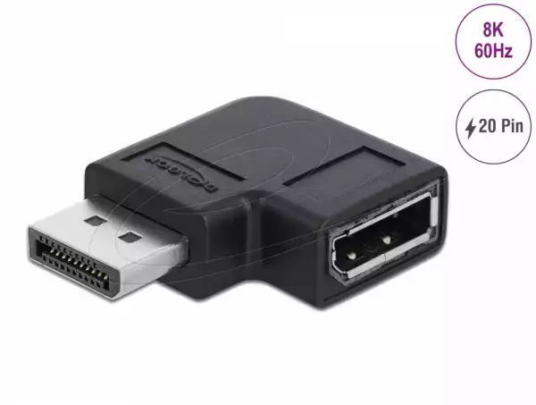 Адаптер Delock 90° DisplayPort 1.4 , 20 pin  мъжко (male) към  DisplayPort 1.4 20 pin женско (female), 8К 7680 x 4320 @@ 60 Hz with DSC support