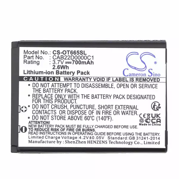 Батерия за мобилен телефон  ALCATEL 2010D, One Touch 356, One Touch 665  CAB22B0000C1 LiIon 3,7V 700mAh CAMERON SINO