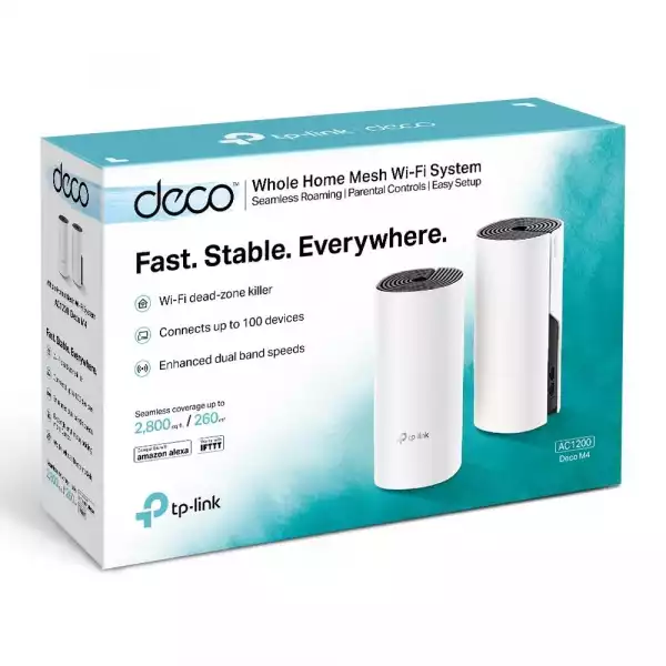 Безжичен рутер TP-Link Deco M4, AC1200, 2.4/5 GHz, 300 -  867 Mbps, Gigabit, 2 бр. в комплект