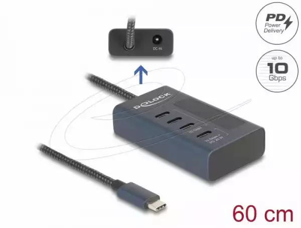 Delock USB Хъб, 4 порта, 10 Gbps, 3 x Data USB-C, 1 x PD 20W Delock USB Хъб, 4 порта, 10 Gbps, 3 x Data USB-C, 1 x PD 20W