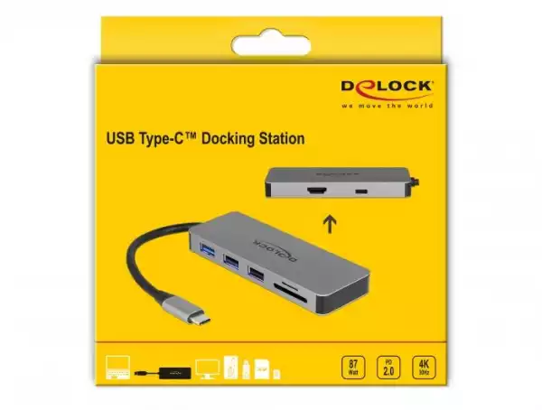 Докинг станция Delock, USB-A, USB-C, HDMI, SD, Micro SD, PD, 4K, Подсветка, Сива