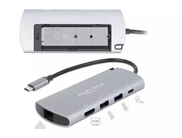 Докинг станция Delock USB-C, M.2 слот за SSD, HDMI, Gigabit LAN, 2xUSB-A, USB-C, Сива