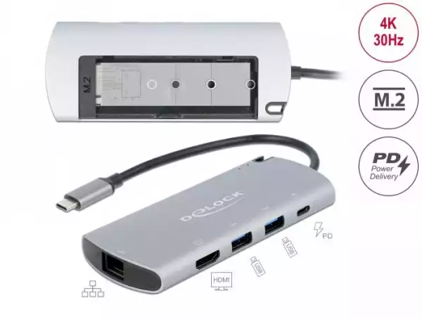 Докинг станция Delock USB-C, M.2 слот за SSD, HDMI, Gigabit LAN, 2xUSB-A, USB-C, Сива Докинг станция Delock USB-C, M.2 слот за SSD, HDMI, Gigabit LAN, 2xUSB-A, USB-C, Сива