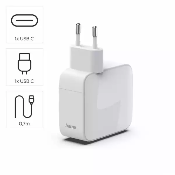 HAMA Бързо зарядно, 30 W, GaN, 2x USB-C, с разтегателен кабел 0.7м, бял HAMA Бързо зарядно, 30 W, GaN, 2x USB-C, с разтегателен кабел 0.7м, бял