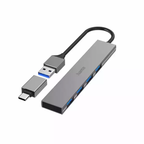 HAMA USB хъб, 4 порта, USB 3.2 Gen 1, 5 Gbit/s, ултратънък, вкл. USB-C адаптер