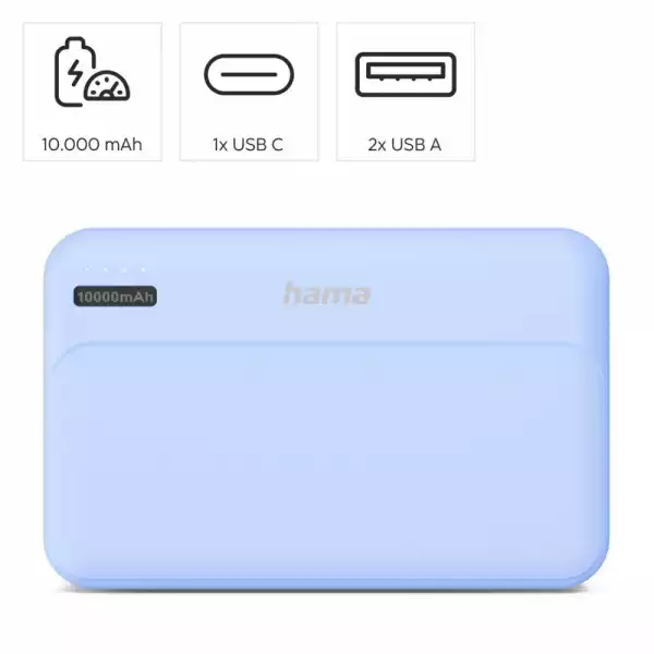 HAMA Външна батерия "Pocket 10", 10000 mAh, Изходи: 2x USB-A, син