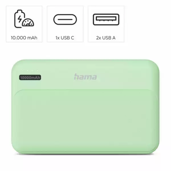 HAMA Външна батерия "Pocket 10", 10000 mAh, Изходи: 2x USB-A, зелена