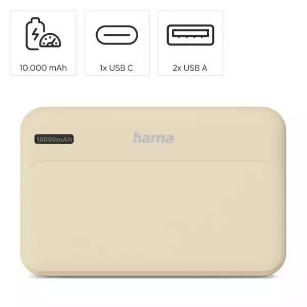 HAMA Външна батерия "Pocket 10", 10000 mAh, Изходи: 2x USB-A, бежов