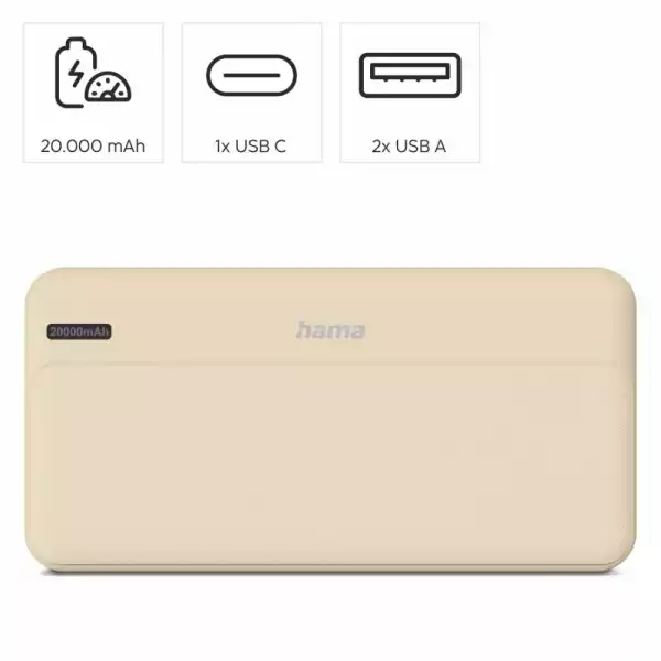 HAMA Външна батерия "Pocket 20", 20000 mAh, Изходи: 2x USB-A, бежов
