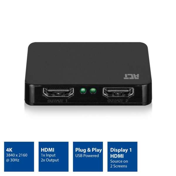 HDMI Сплитер ACT AC7835, 1/2, 4K@@30Hz, USB, Черен
