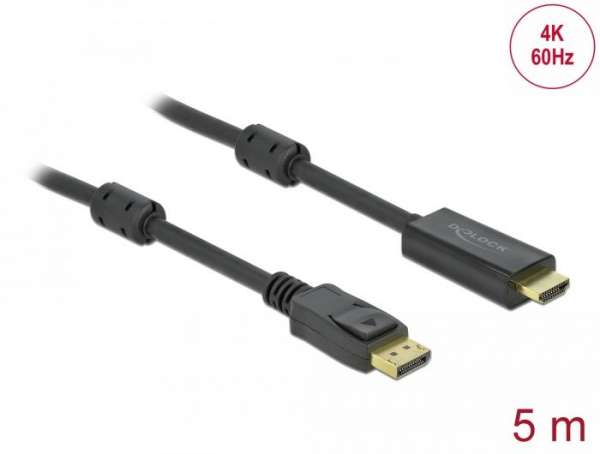 Кабел Delock DisplayPort мъжко - HDMI мъжко, 5 м., 4K 60Hz, Черен Кабел Delock DisplayPort мъжко - HDMI мъжко, 5 м., 4K 60Hz, Черен