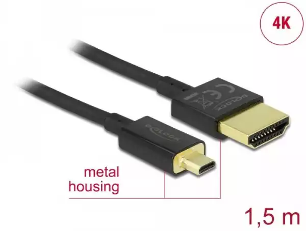 Кабел Delock HDMI-A мъжко - Micro HDMI-D мъжко,18 Gbit/s, 4K, 1.5 м, Черен Кабел Delock HDMI-A мъжко - Micro HDMI-D мъжко,18 Gbit/s, 4K, 1.5 м, Черен