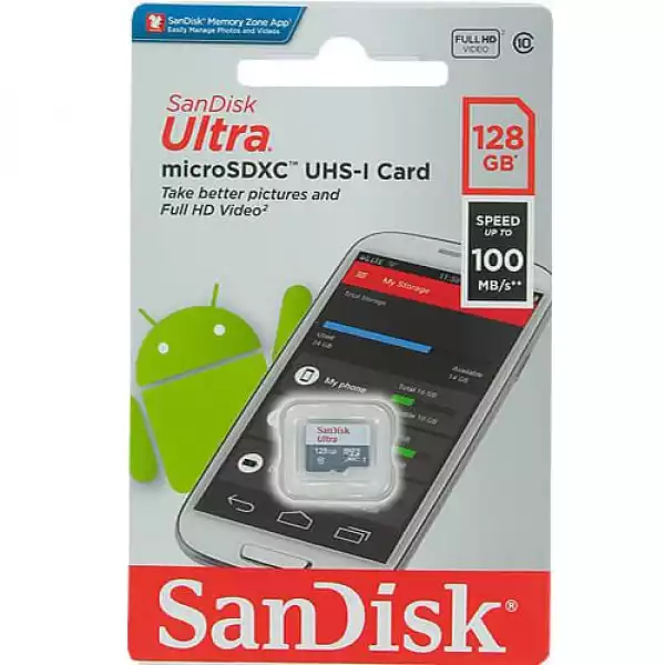 Карта памет SANDISK Ultra microSDXC UHS-I, 128GB, Class 10, 100Mb/s