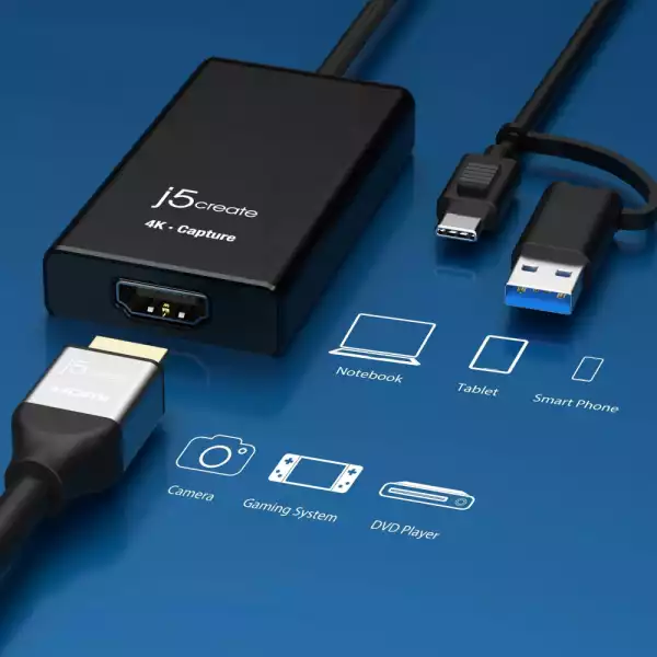 Кепчер адаптер j5create JVA11, HDMI - USB-C, 4K, Черен